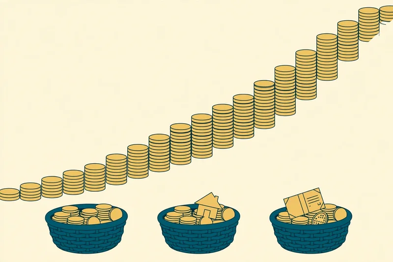 Flat fintech illustration in deep teal and gold: a rising curve made of gold coins arches upward, small teal baskets below hold mixed tokens — gold coins, a tiny house and a bond document — symbolising a diversified portfolio, on a pale cream background.