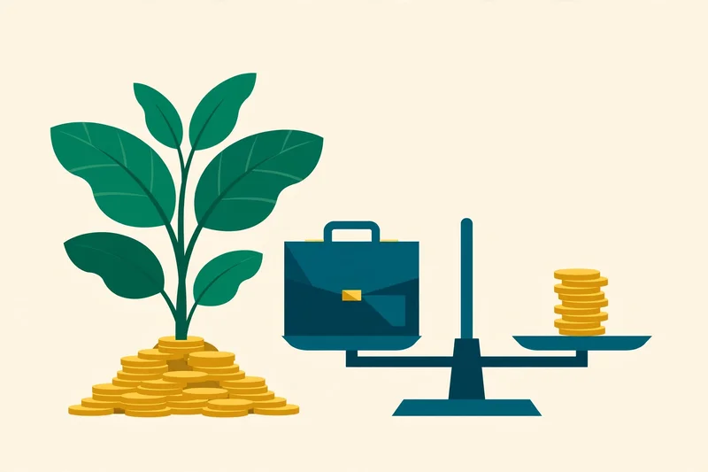 Flat fintech illustration in deep teal and gold: a healthy green plant with broad leaves growing from a small mound of gold coins, a balanced scale weighing a teal briefcase against a gold coin stack, on a pale cream background.