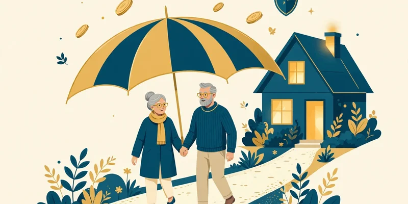 Illustration of an older couple under a protective umbrella, symbolising long-term care insurance planning