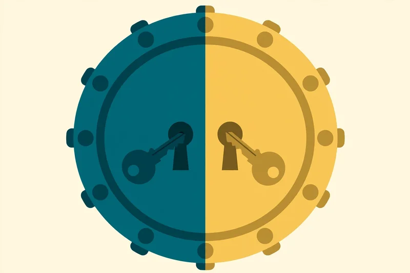 Flat fintech illustration in deep teal and gold: a round bank vault door split down the middle with one deep teal half and one gold half, a key turning in each of two keyholes, on a pale cream background
