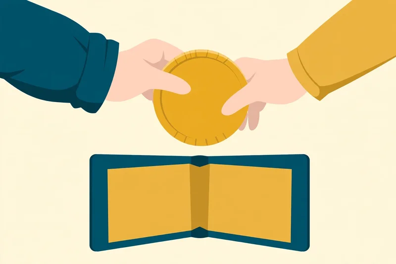 Flat fintech illustration in deep teal and gold: two hands, one in a deep teal sleeve and one in a gold sleeve, jointly holding a large gold coin above an open teal-and-gold shared wallet, on a pale cream background