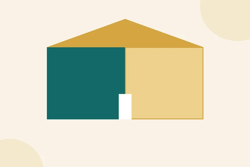 A flat illustration of a house divided into two halves, one side for lifetime use and the other for future ownership, in muted teal and gold on a pale cream background.
