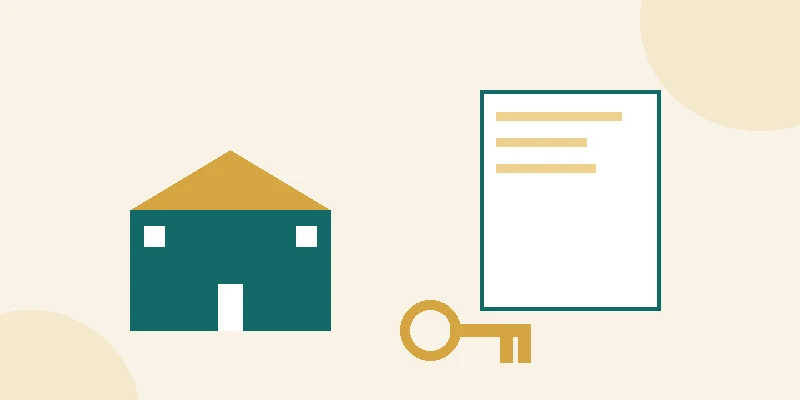 A flat illustration of a house with a large key and a deed document, showing one person holding the key for life and another person waiting to receive the house, in muted teal and gold on a pale cream background.