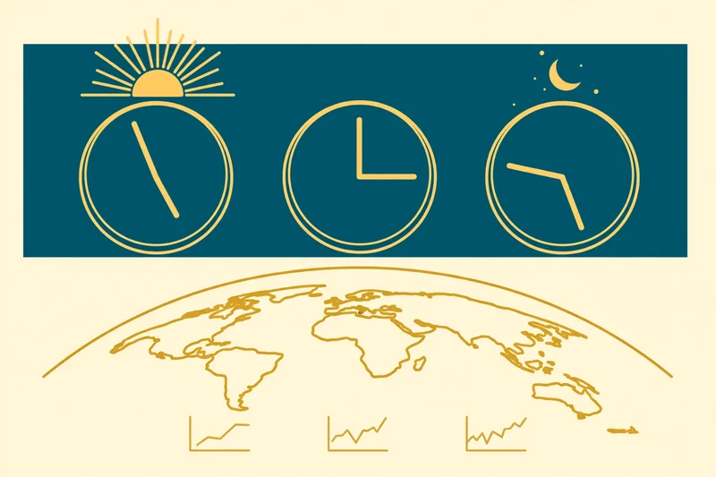 Flat fintech illustration in deep teal and gold: three clocks on a teal wall showing different times above a world map arc, a gold sun over one clock and a small gold moon over another, with stock chart lines beneath, on a pale cream background.