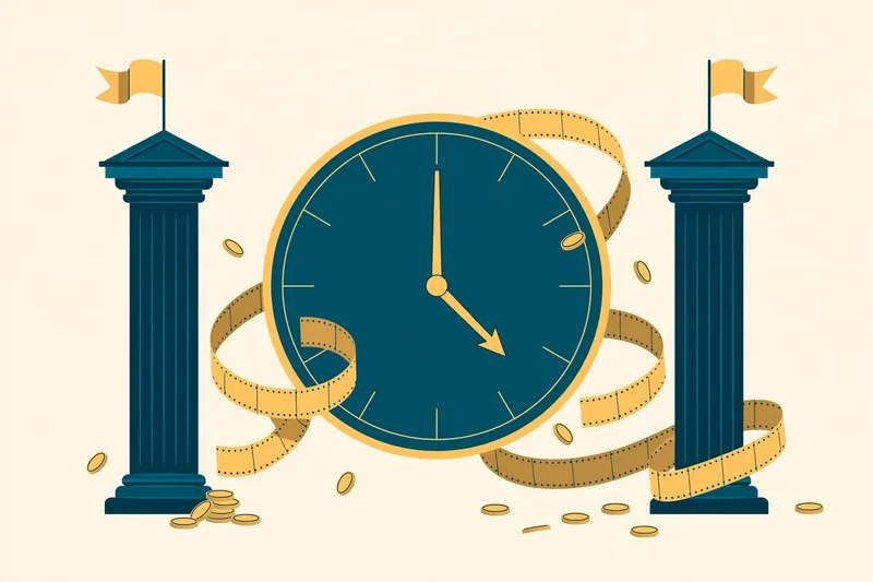 Flat fintech illustration in deep teal and gold: a large round clock face with hands near four o'clock, flanked by two classical exchange building columns with flags, a ticker-tape ribbon curling around the clock, on a pale cream background.