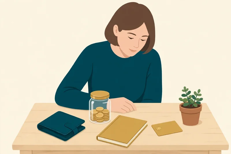 Flat editorial illustration on a pale cream background: a tidy tabletop scene with a deep teal wallet, a golden coin jar, a checkbook and a debit card laid out for review, and a small potted plant, suggesting someone calmly comparing everyday savings tools