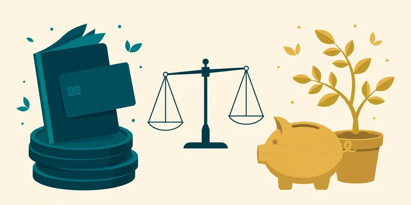 Flat editorial illustration on a pale cream background: on the left, a deep teal checkbook and debit card resting on a stack of large teal coins, and in the centre a small balance scale, while on the right a golden piggy bank sits beside a potted plant with golden leaves, suggesting a side-by-side comparison of two ways to save