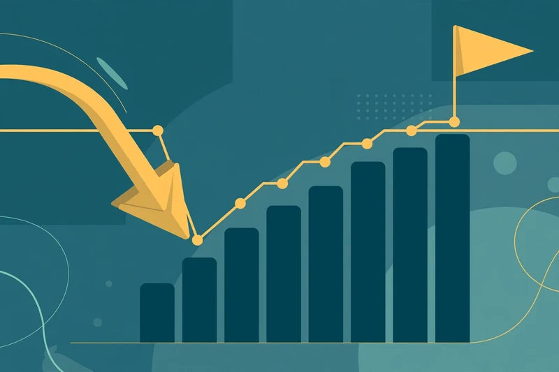 Flat fintech illustration in deep teal and gold: a timeline stretching toward a gold milestone flag where a falling interest-rate arrow meets rising teal savings bars.