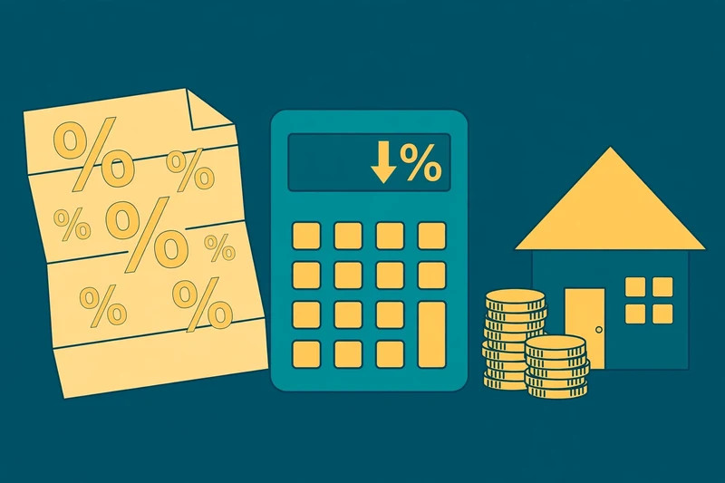 Flat fintech illustration in deep teal and gold: a mortgage document with gold percentage symbols and a teal calculator showing a rate buy-down, with coins stacking beside a house.