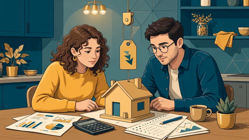 Young couple reviewing home affordability numbers with a calculator beside a small model house with a lowered price tag