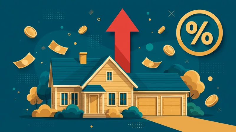 Suburban American house with a large red upward arrow rising above its roof, floating gold coins and a percentage badge symbolising jumping mortgage rates