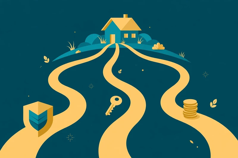 Flat fintech illustration in deep teal and gold: three winding pathways converging on a single small house on a hill, each path marked by an abstract shield emblem, a gold key, and a stack of gold coins.