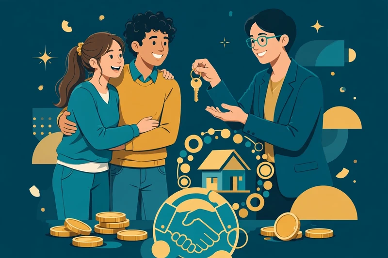Flat fintech illustration in deep teal and gold: a young couple receiving the keys to their first home from a smiling agent, with a small house model, a zero-down circular emblem, gold coins and a teal handshake emblem.