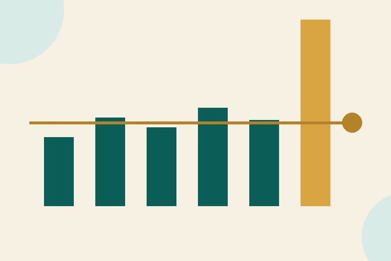 A flat illustration of a median line cutting through a row of pay bars, with one very tall gold bar pulling the average upward on a pale cream background