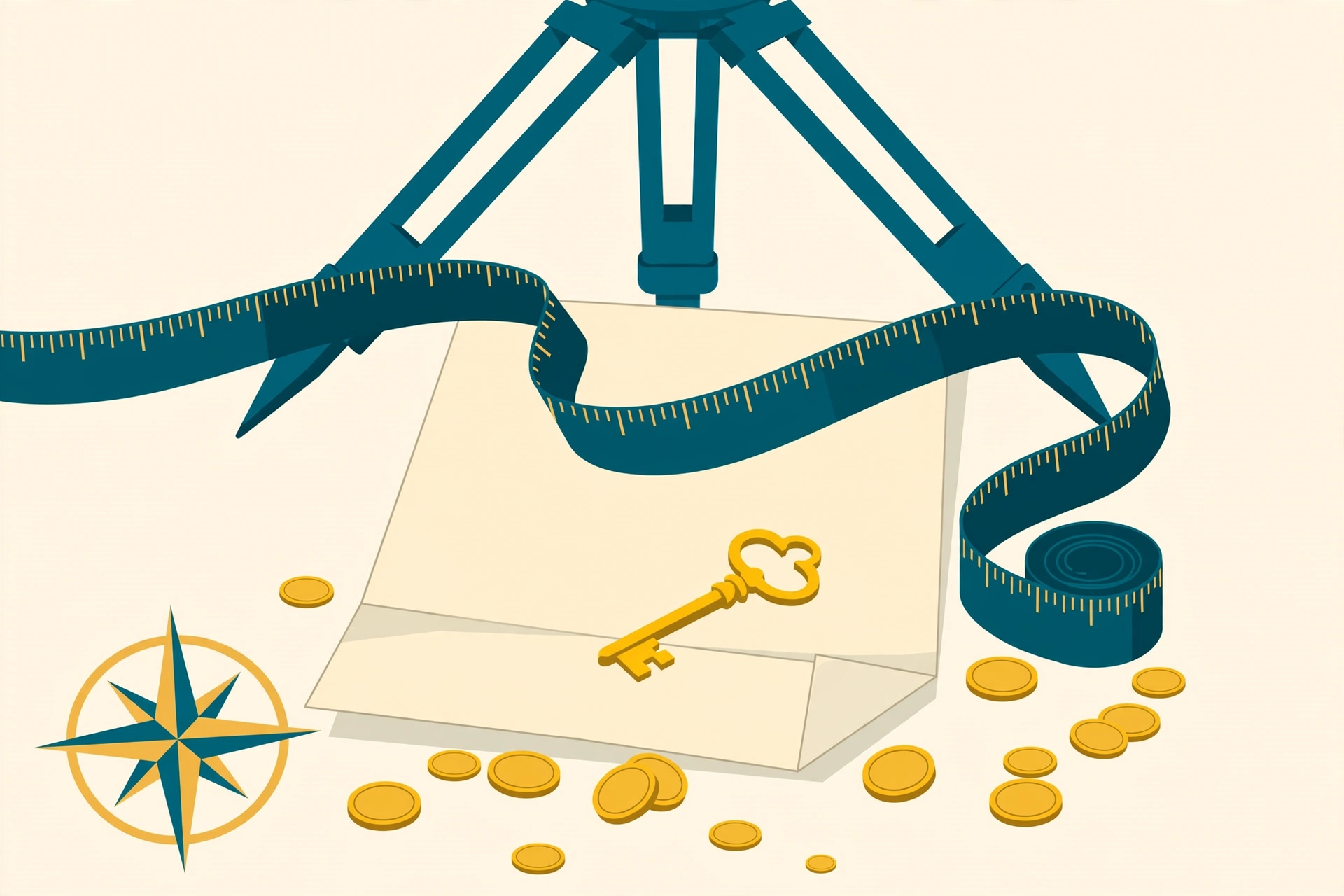 Flat fintech illustration in deep teal and gold: a teal surveyor's tripod and measuring tape over a land deed document with a gold key, scattered gold coins, and a compass rose.