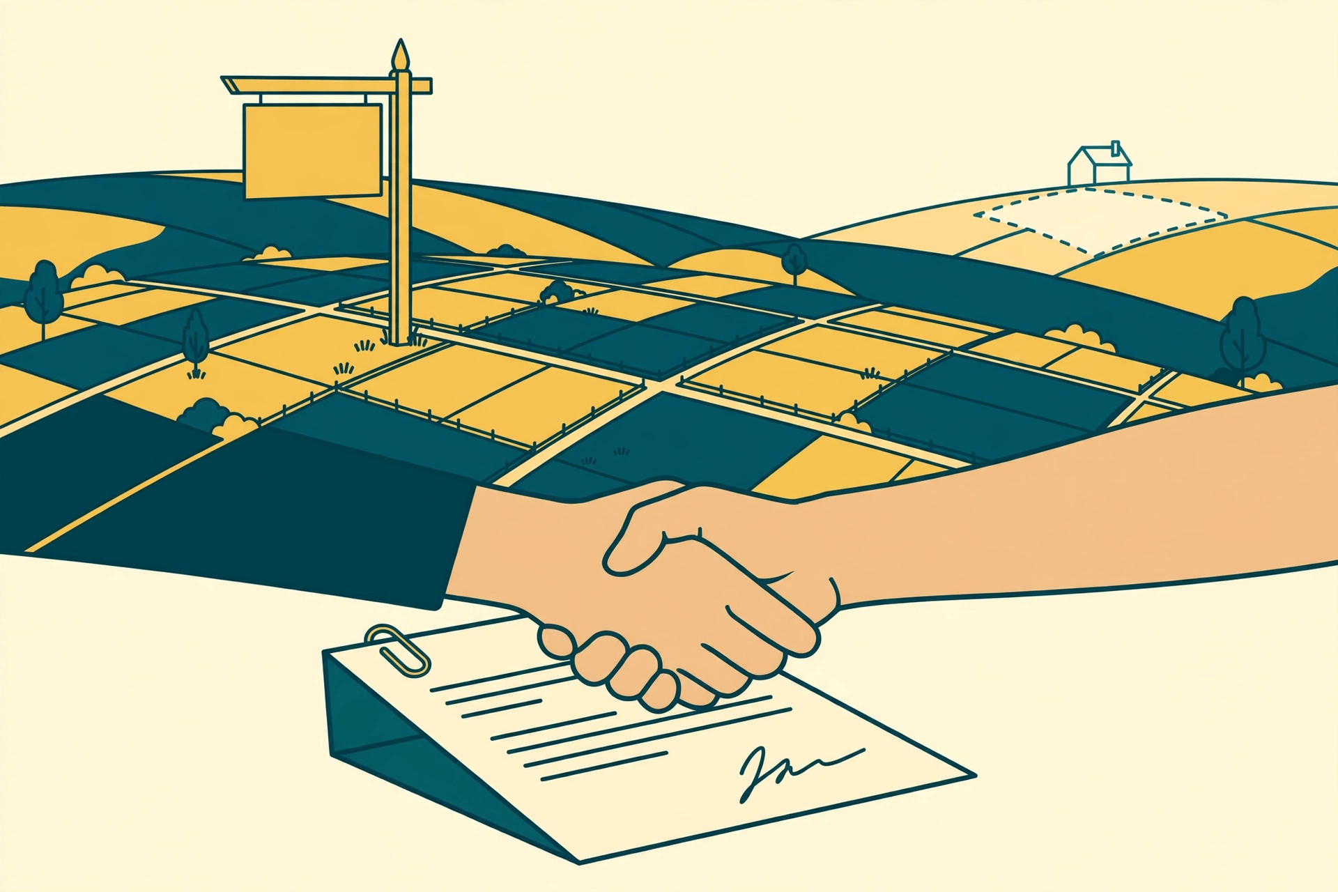 Flat fintech illustration in deep teal and gold: rolling rural land parcels with a golden For Sale sign, two hands shaking over a signed contract document, and a teal house plot outline in the distance.