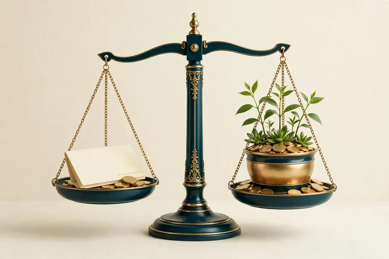 A balance scale weighing a steady guaranteed pension check against a growing 401k investment pot, in deep teal and gold on a pale cream background