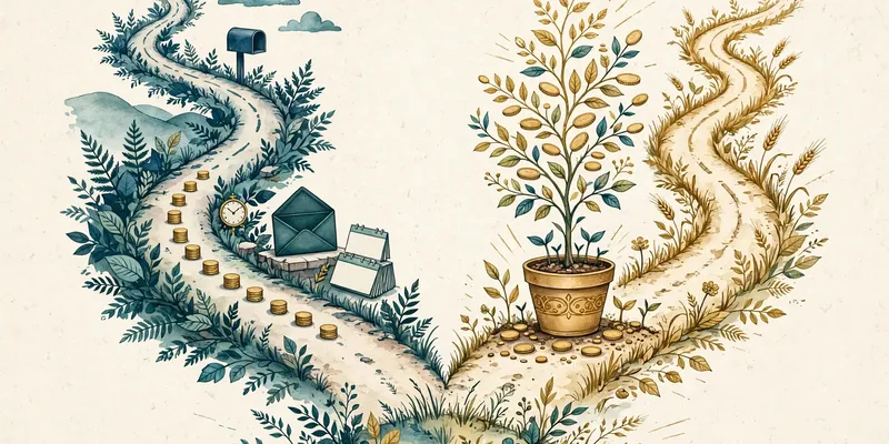 A fork in the road: on one side a steady guaranteed pension check arriving every month, on the other a growing 401k savings pot rising like a plant, in deep teal and gold on a pale cream background