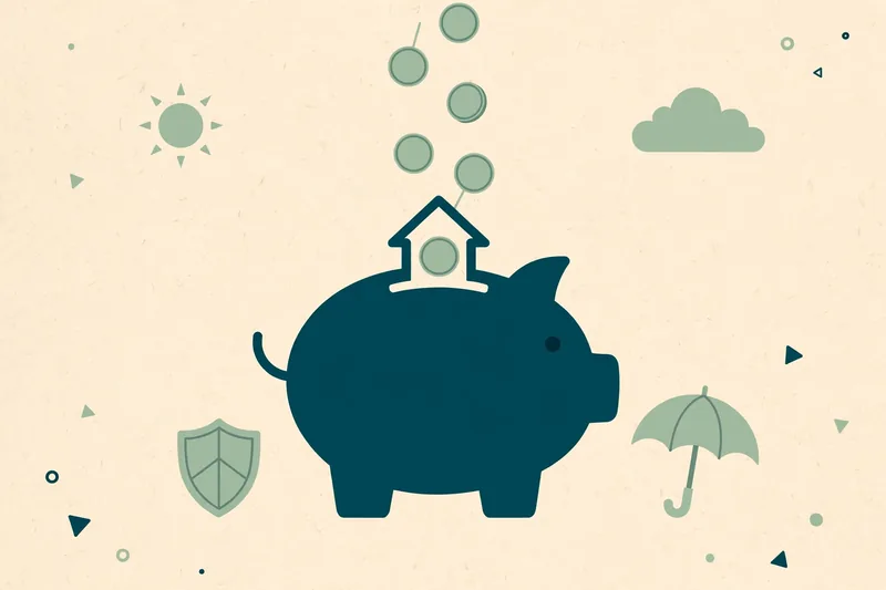 Illustration of a piggy bank with a house-shaped slot, coins dropping in, flanked by a shield and an umbrella