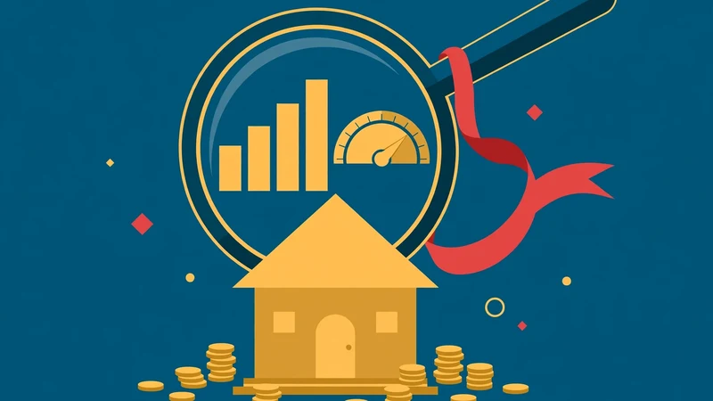 Illustration of a gold house with a large magnifying glass revealing a rising bar chart and an equity gauge, surrounded by stacks of gold coins, symbolising a home appraisal for PMI removal