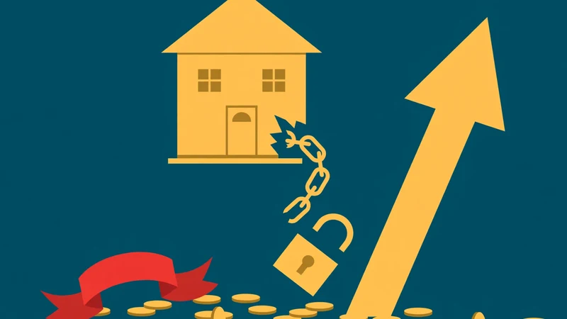 Illustration of a gold house with a broken chain and an unlocked padlock falling away from it, gold coins scattered below and a rising arrow, symbolising PMI being removed from a mortgage