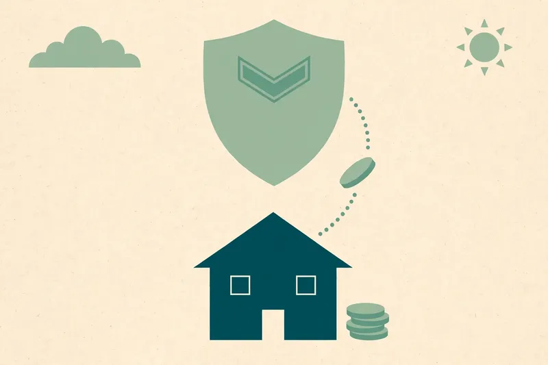 Illustration of a house with a protective shield above it and a coin rising toward the shield