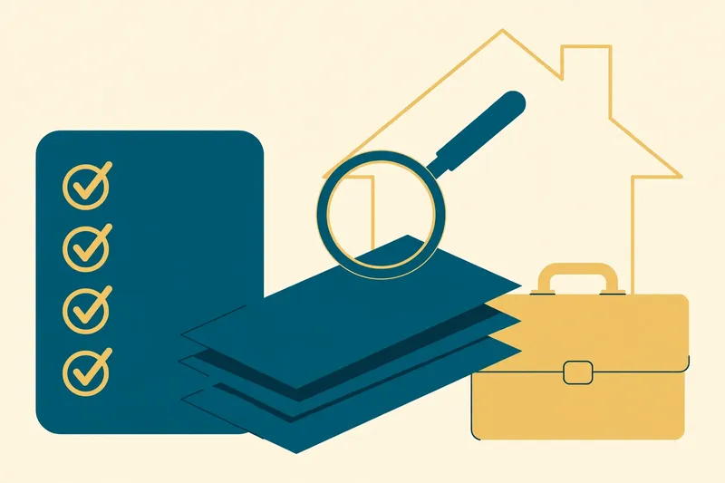 Flat fintech illustration in deep teal and gold: a checklist document with gold checkmarks, pay stub papers and a briefcase beside it, a magnifying glass hovering over the papers, a house outline in the background, on a pale cream background.
