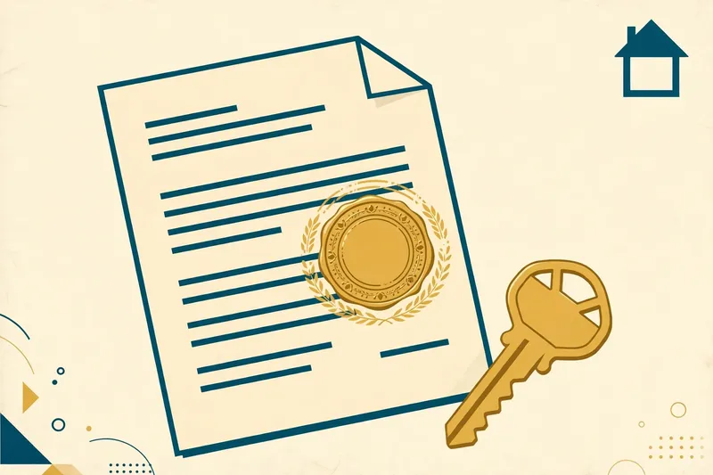 Flat fintech illustration in deep teal and gold: a mortgage approval letter with a large gold circular stamp seal, a house key lying beside the document, a small house silhouette with a teal roof, on a pale cream background.