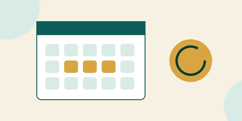 A flat illustration of a calendar page with a 60-day window highlighted in gold and life-event symbols for a wedding, a baby and a house move on a pale cream background