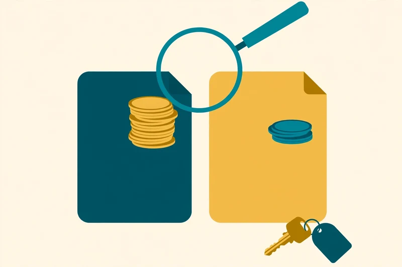 Flat fintech illustration in deep teal and gold: two loan documents side by side, one deep teal with a heavy gold coin stack and one gold with a smaller teal coin stack, a magnifying glass hovering over both and a car key with a teal tag beside them, on a pale cream background.