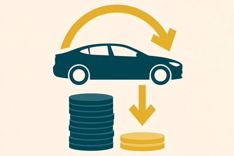 Flat fintech illustration in deep teal and gold: a deep teal car side profile with a large gold circular arrow curving over it, a tall stack of teal coins replacing a shorter stack of gold coins beneath, and a downward gold arrow, on a pale cream background.