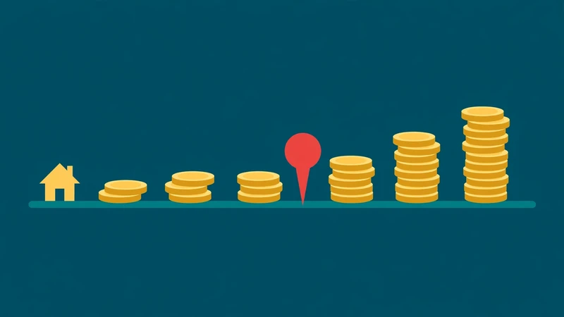 Illustration of a gold house at the start of a timeline with stacks of gold coins growing month by month and a red marker pin at the middle, the break-even point