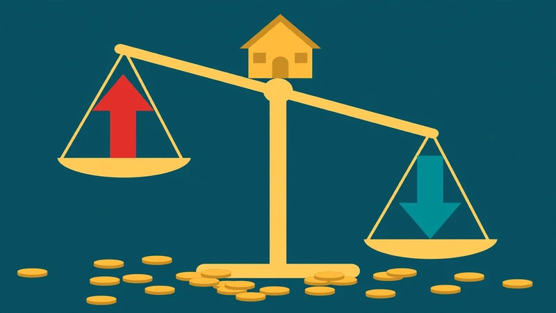 Illustration of a gold house sitting atop a large balance scale, with a red upward arrow on one pan and a downward arrow on the other, gold coins scattered below
