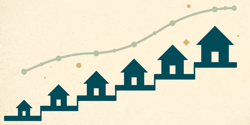 Illustration of houses climbing a rising staircase beneath an upward cost curve over time