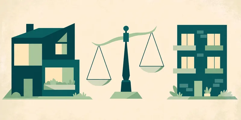 Illustration of a house and an apartment building on a balance scale