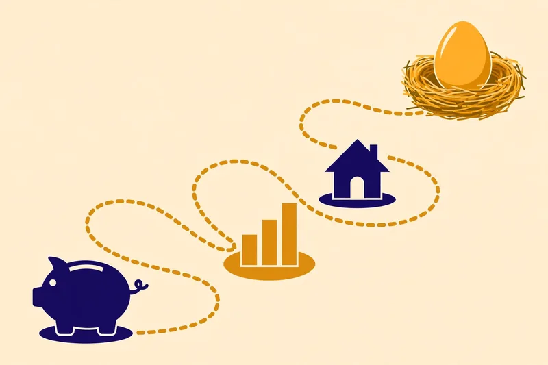 Roadmap path with piggy bank, growth chart and house milestones leading to a golden nest egg