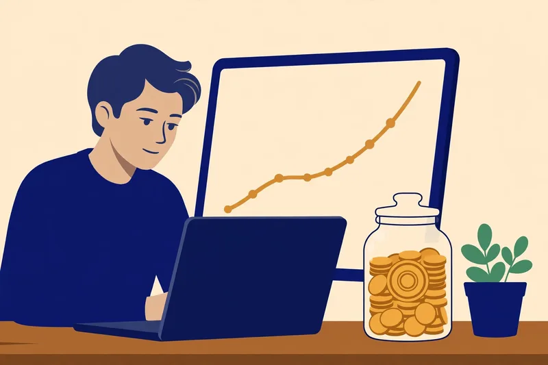 Person reviewing a rising retirement savings chart on a laptop, beside a jar of gold coins