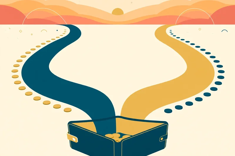 Flat fintech illustration in deep teal and gold: an open wallet splitting into two diverging curved roads, one deep teal lined with gold coins and one gold lined with teal coins, leading toward a warm sunset horizon on a pale cream background
