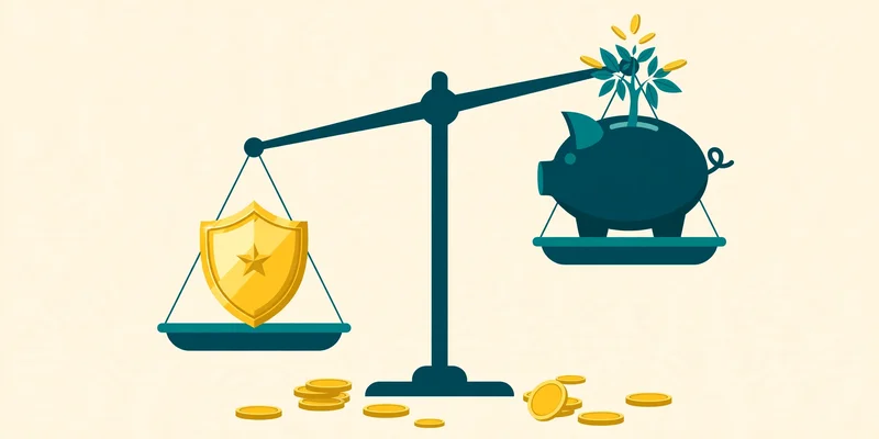 Flat fintech illustration in deep teal and gold: a balance scale on a pale cream background with a gold shield on the left pan and a deep teal piggy bank growing a small money tree on the right pan, with scattered gold coins beneath