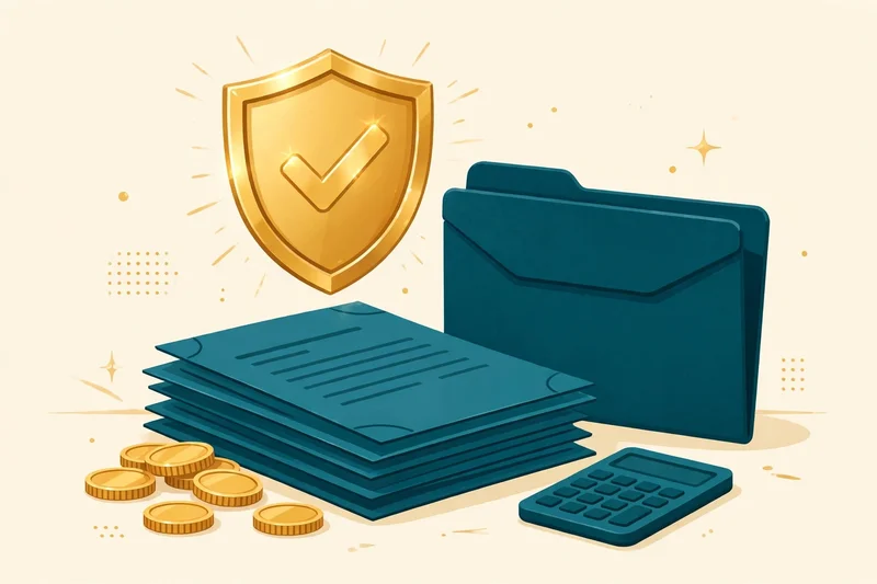 Flat fintech illustration in deep teal and gold: a gleaming gold shield with a checkmark floating above a stack of teal retirement plan documents and a teal folder, with scattered gold coins and a teal calculator.