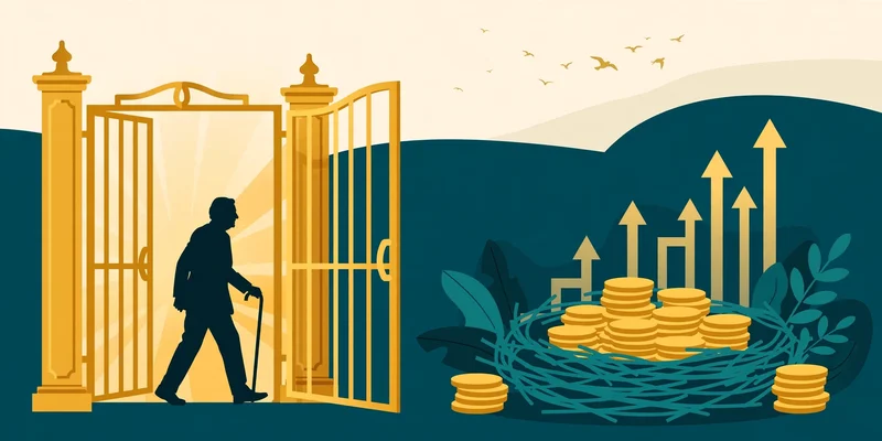 Flat fintech illustration in deep teal and gold: a retiree silhouette walking through an open golden gate toward a teal nest of stacked gold coins with rising growth arrows, birds flying in a pale cream sky.