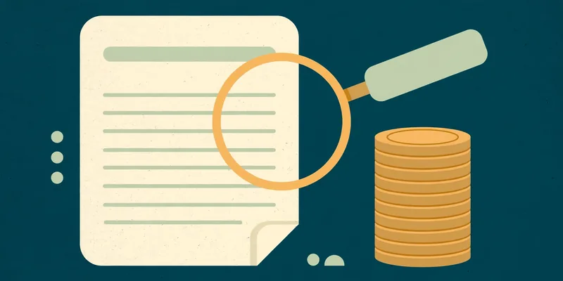 Illustration of a payslip under a magnifying glass with a stack of gold coins beside it