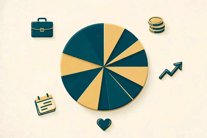 Flat fintech illustration in deep teal and gold: a complete teal and gold pie chart surrounded by small icons — a briefcase, a coin stack, an upward zigzag arrow, a calendar, and a heart — on a pale cream background, no text.