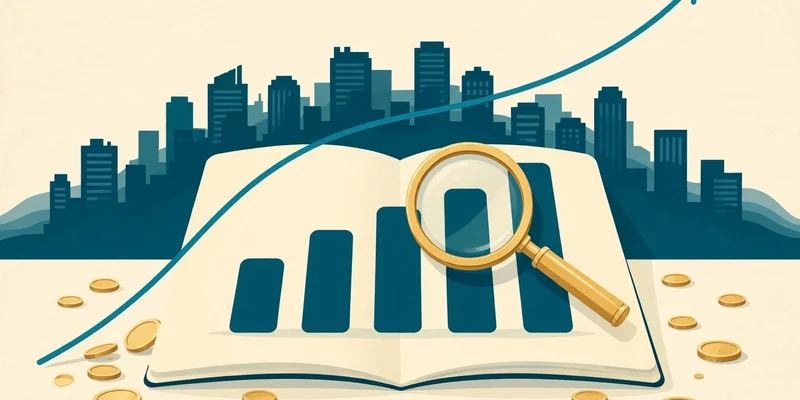 Flat fintech illustration in deep teal and gold: an open document with an abstract bar chart of pay ranges, a gold magnifying glass over one bar, teal city skylines behind, a rising trend line and gold coins, on a pale cream background, no text.