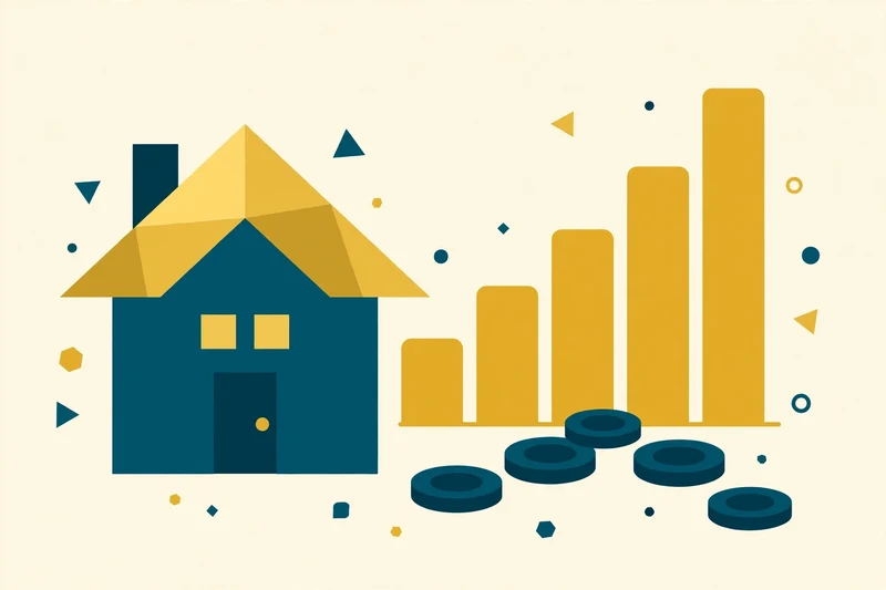 Flat fintech illustration in deep teal and gold on pale cream: a deep teal house with a gold roof beside a rising gold bar chart and deep teal coins, on a pale cream background, no text.