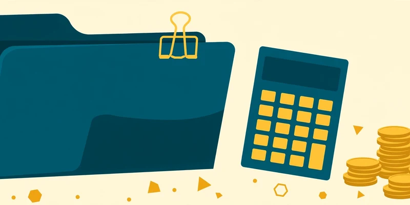 Flat fintech illustration in deep teal and gold on pale cream: a deep teal tax folder with a gold binder clip beside a deep teal calculator with gold buttons, stacks of gold coins and small geometric shapes, on a pale cream background, no text.