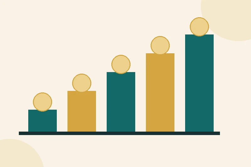 A flat illustration of a stepped tax band chart rising from left to right, with small house shapes and gold coins, in muted teal and gold on a pale cream background.