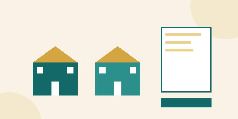 A flat illustration of two houses side by side with a large tax document and a calculator, in muted teal and gold on a pale cream background.