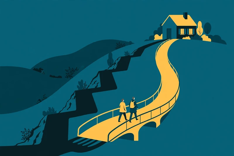 Flat fintech illustration in deep teal and gold: two figures walking a gentle golden bridge toward a house while a steep dark cracked road runs alongside.