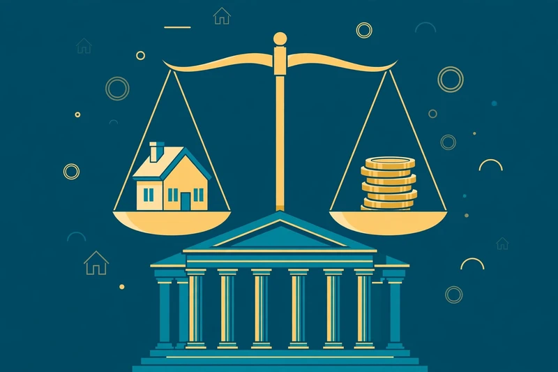 Flat fintech illustration in deep teal and gold: a gold balance scale weighing a small house against a shorter stack of gold coins, above a classical bank building.